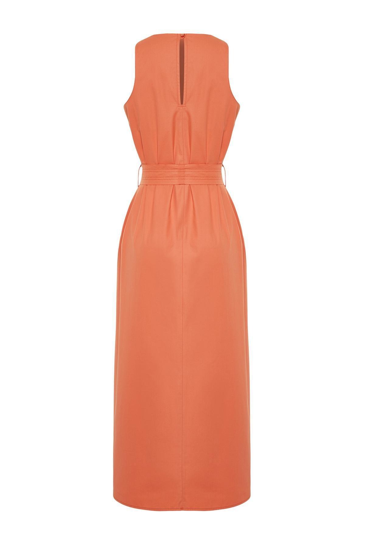 Orange Belted 100% Cotton Poplin Pocket Midi Woven Dress TWOSS24EL00338, Orange, large image number 6