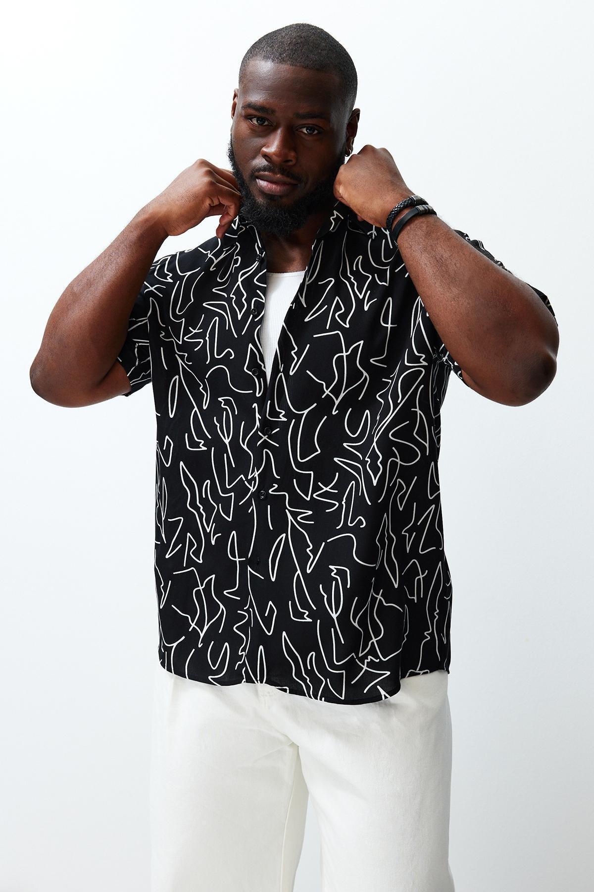 Black Regular Fit 100% Viscose Printed Short Sleeve Casual Summer Plus Size Shirt TMNSS24AX00011, single, , large image number 1