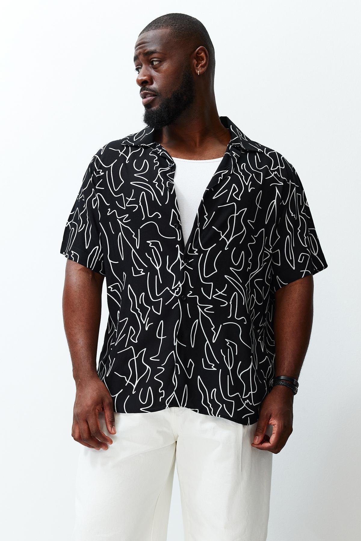 Black Regular Fit 100% Viscose Printed Short Sleeve Casual Summer Plus Size Shirt TMNSS24AX00011, single, , large image number 2