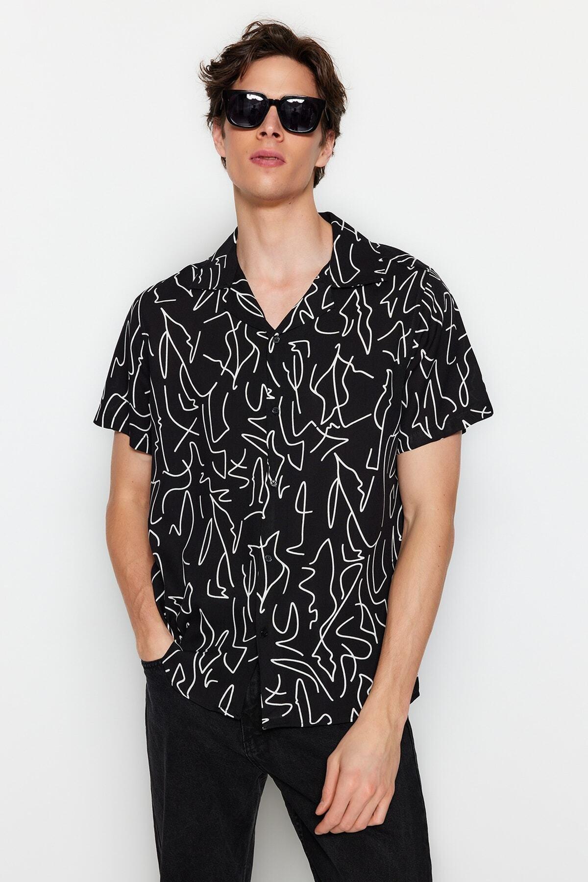 Black Regular Fit 100% Viscose Printed Short Sleeve Casual Summer Plus Size Shirt TMNSS24AX00011, single, , large image number 5