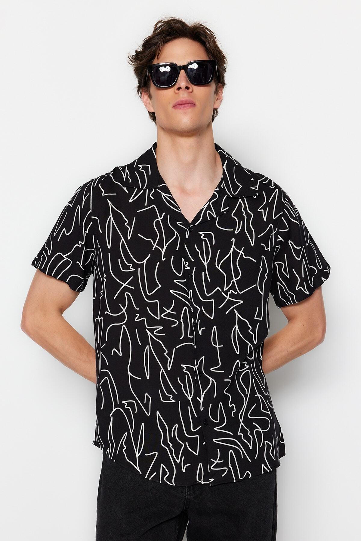 Black Regular Fit 100% Viscose Printed Short Sleeve Casual Summer Plus Size Shirt TMNSS24AX00011, single, , large image number 6