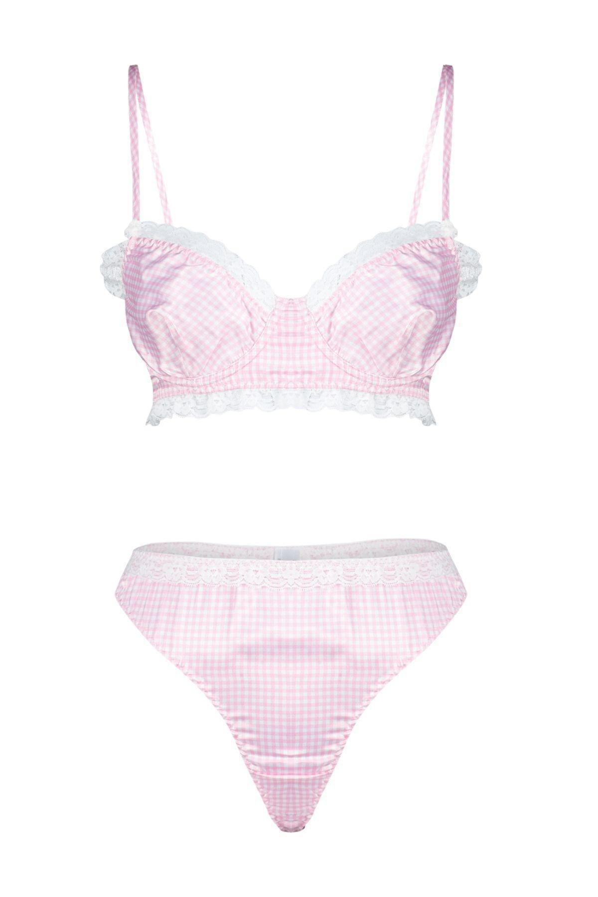 Pink Satin Gingham Lace Detailed Rope Strapless Lingerie Set THMSS24CC00027, 2s, , large image number 2