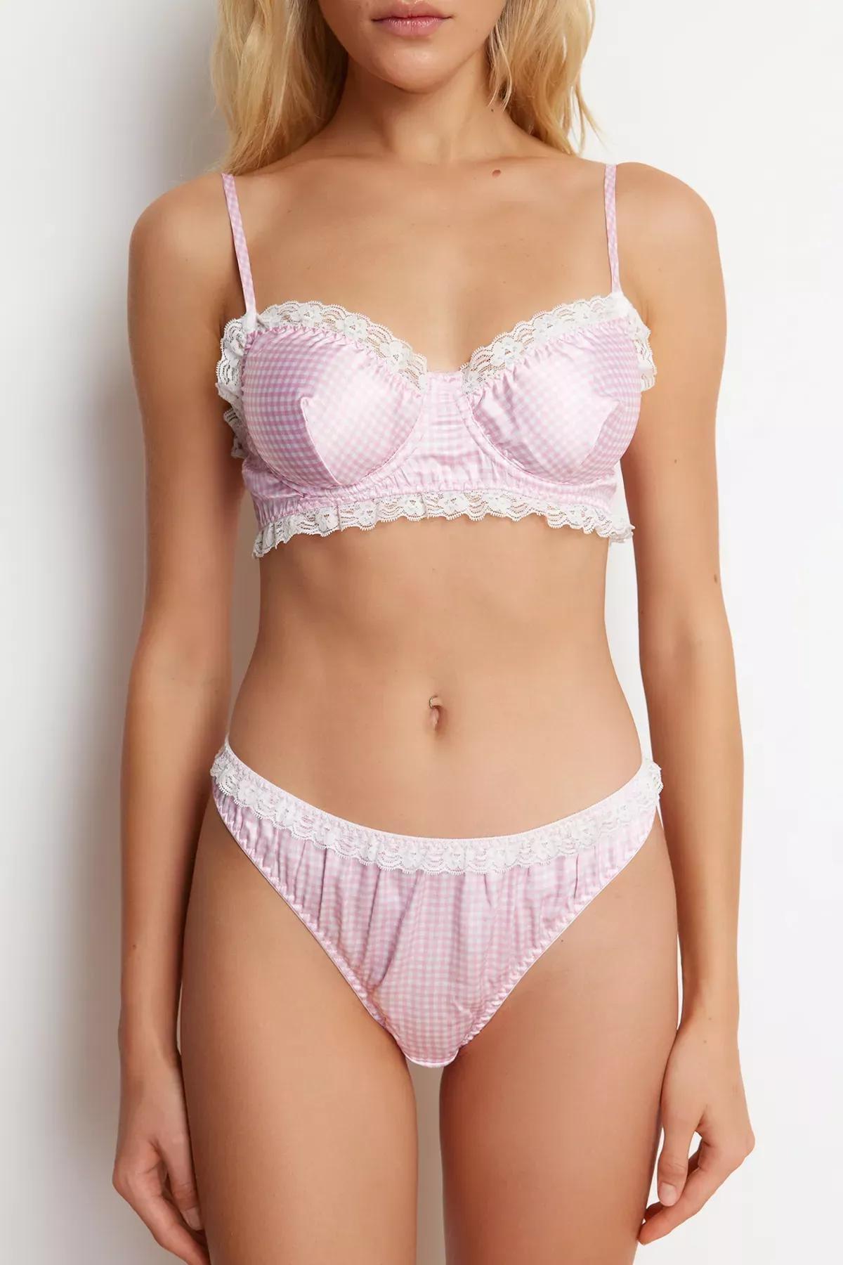 Pink Satin Lace Strapless Lingerie, Pink, large image number 3