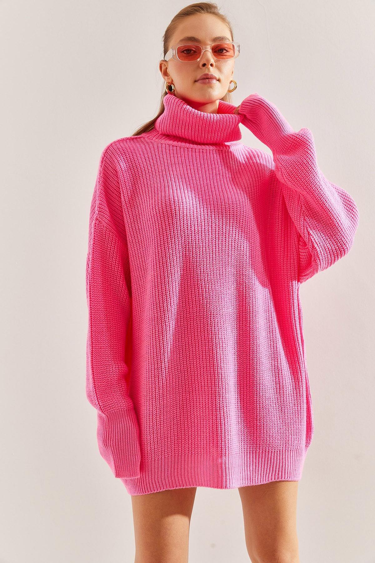 Pink Turtleneck Braided Knitted Sweater, Fuchsia, large image number 0