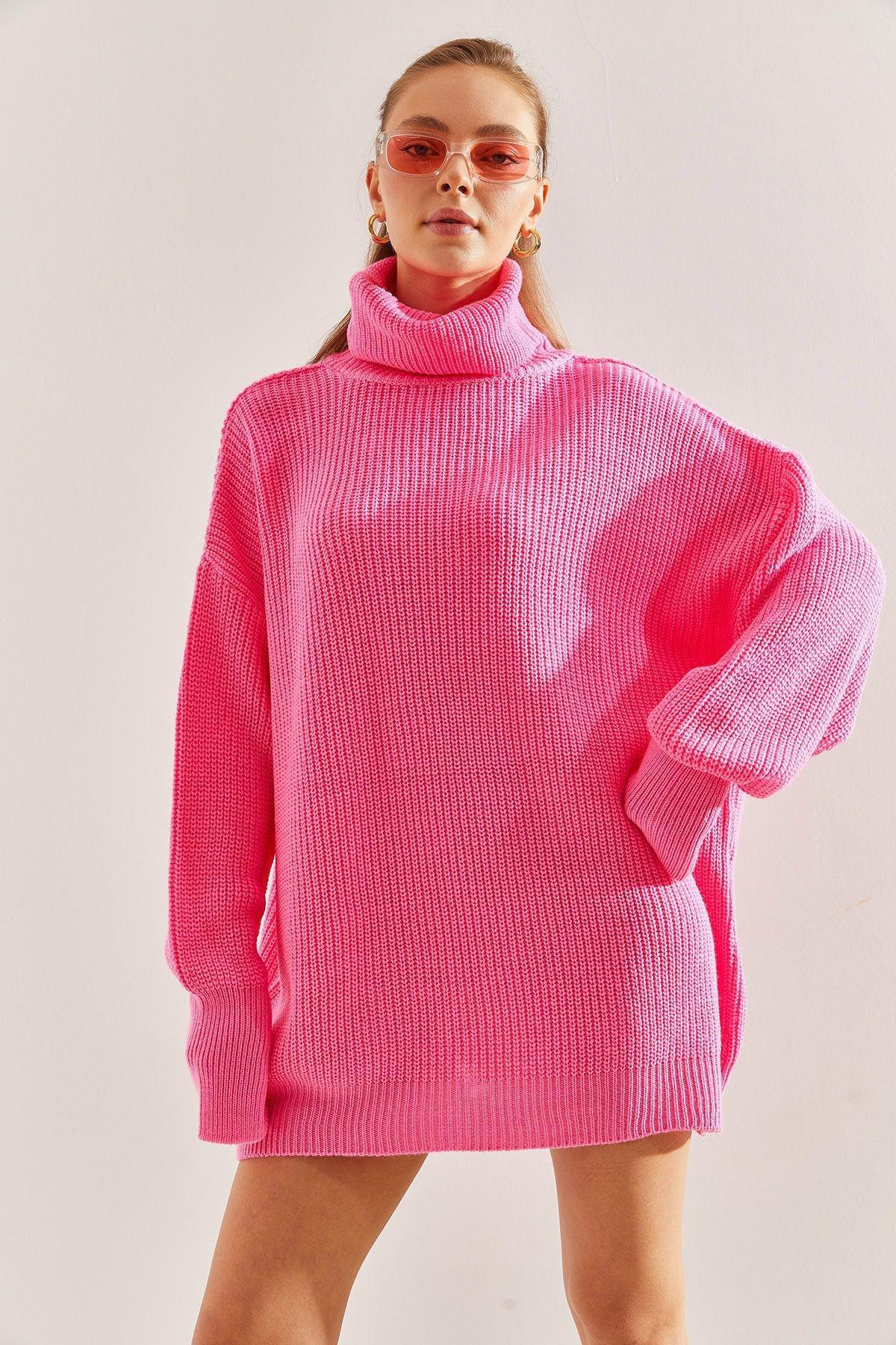 Pink Turtleneck Braided Knitted Sweater, Fuchsia, large image number 1