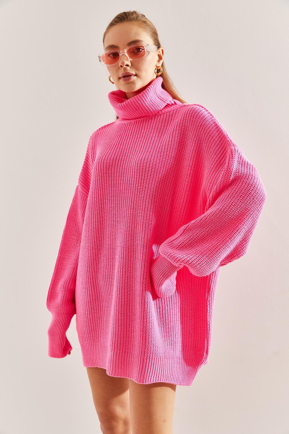 Pink Turtleneck Braided Knitted Sweater, Fuchsia, large image number 2
