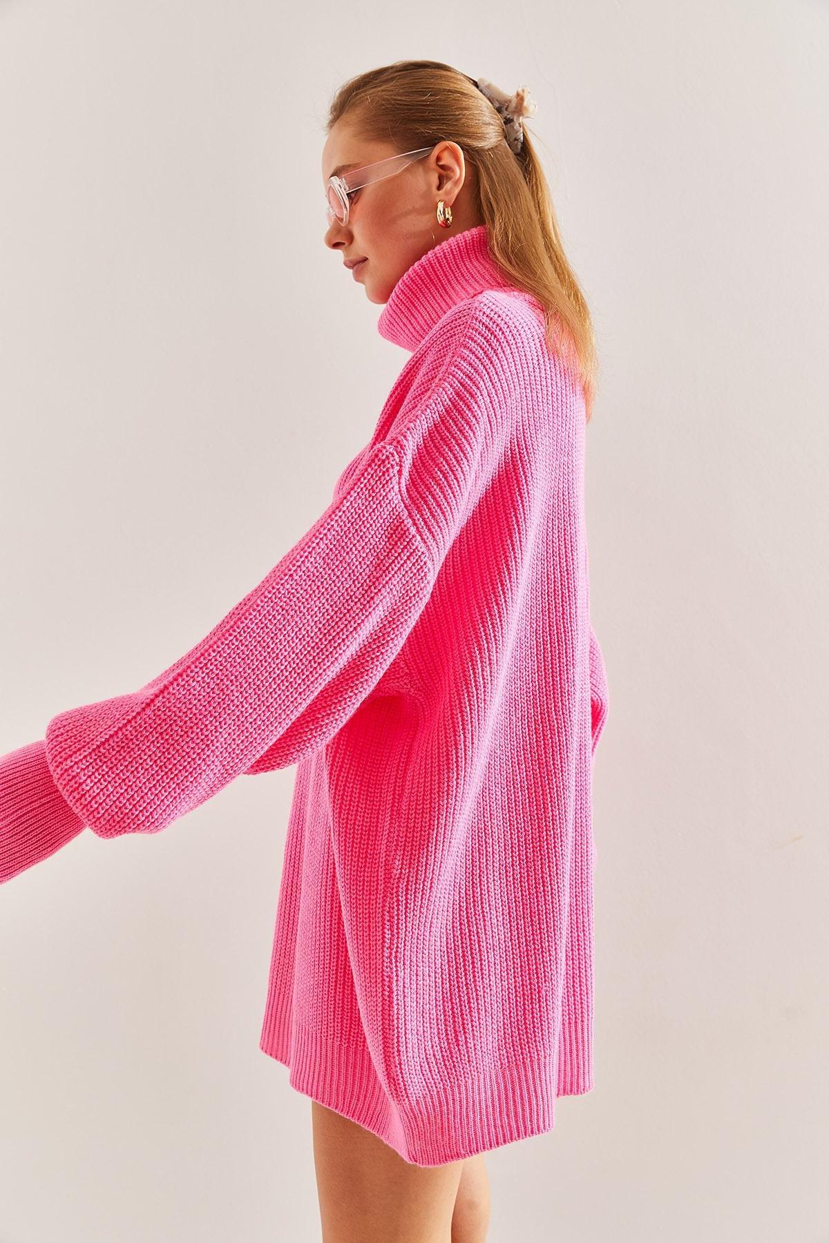 Pink Turtleneck Braided Knitted Sweater, Fuchsia, large image number 3