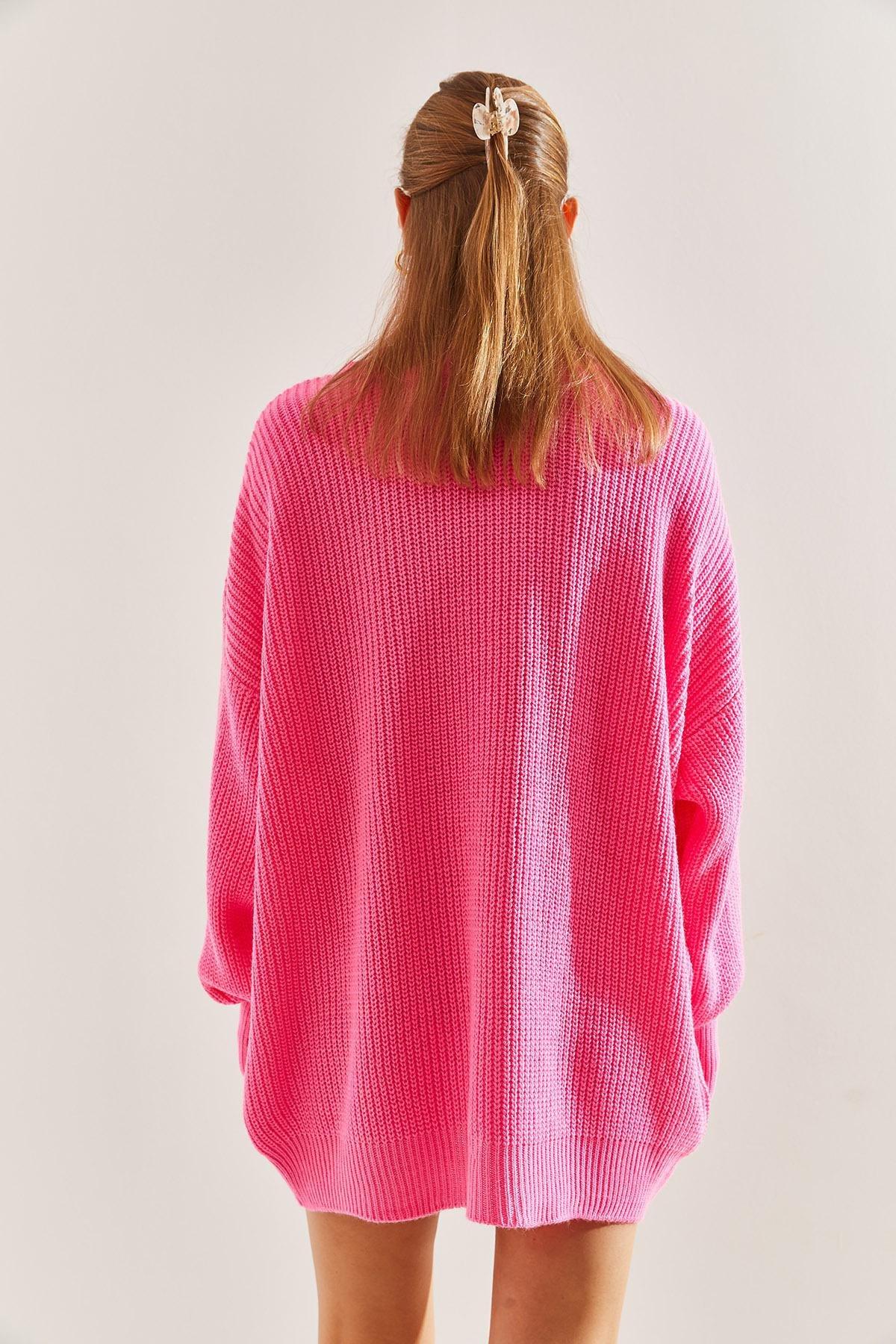 Pink Turtleneck Braided Knitted Sweater, Fuchsia, large image number 4