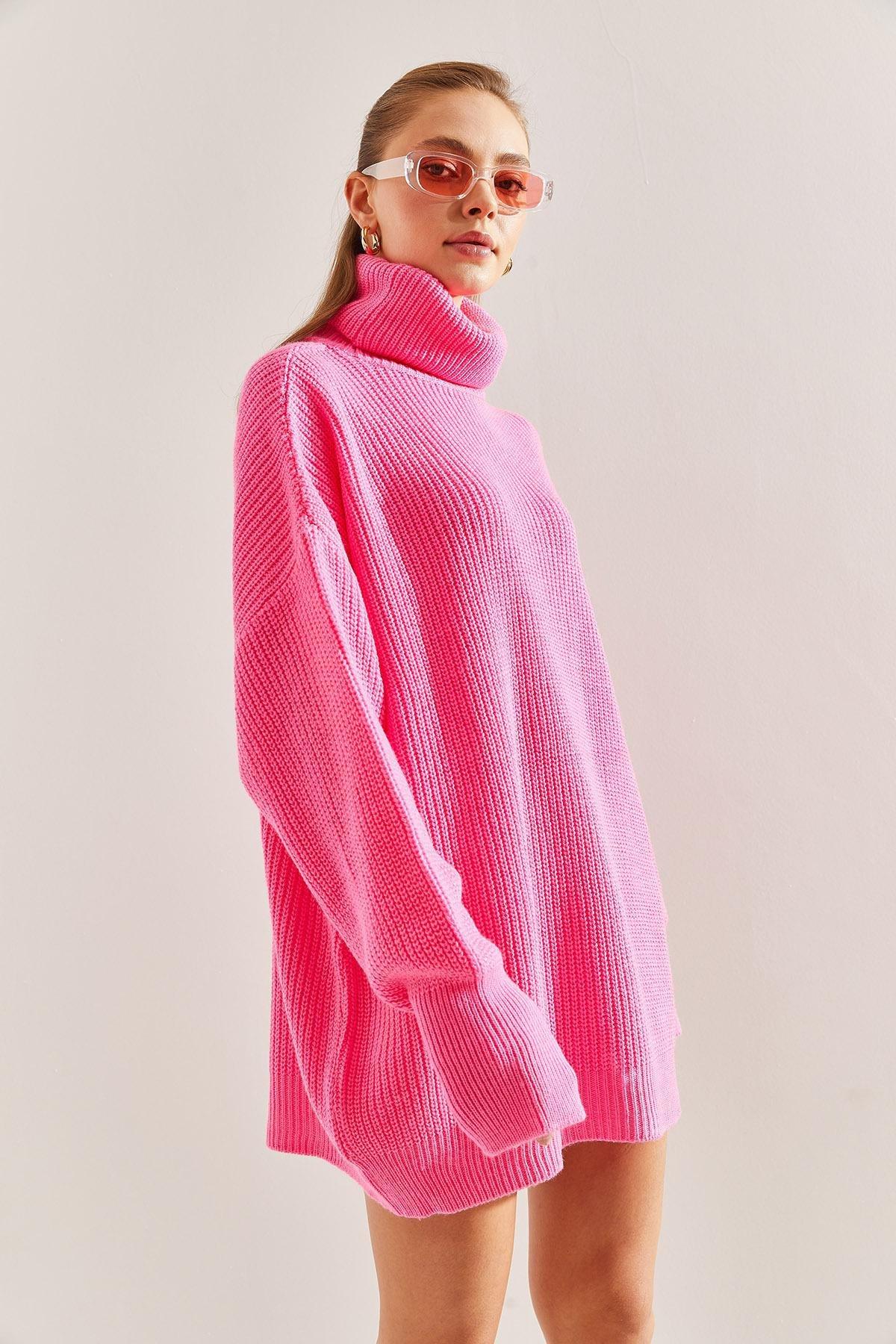 Pink Turtleneck Braided Knitted Sweater, Fuchsia, large image number 5
