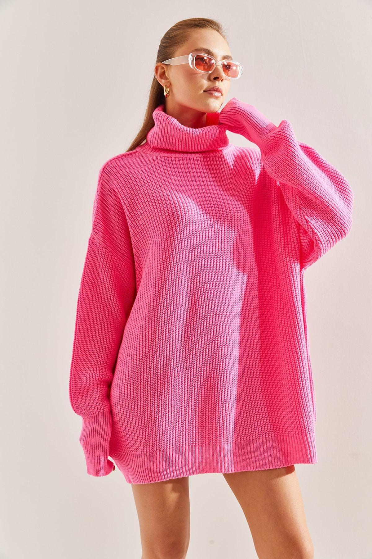 Pink Turtleneck Braided Knitted Sweater, Fuchsia, large image number 6