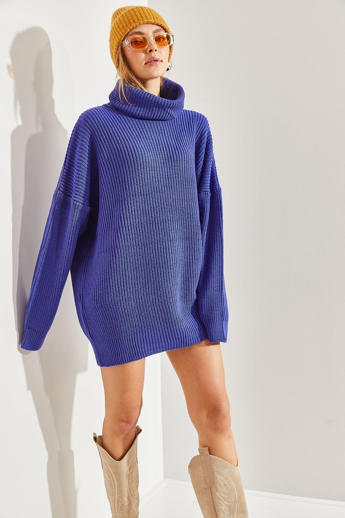 Purple Turtleneck Braided Knitted Sweater, Purple, large image number 0