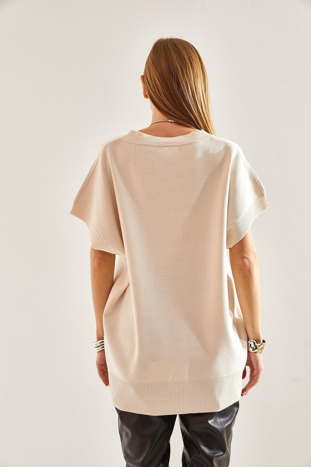Ecru V-Neck Short Sleeve Knitted Sweater, Ecru, large image number 4