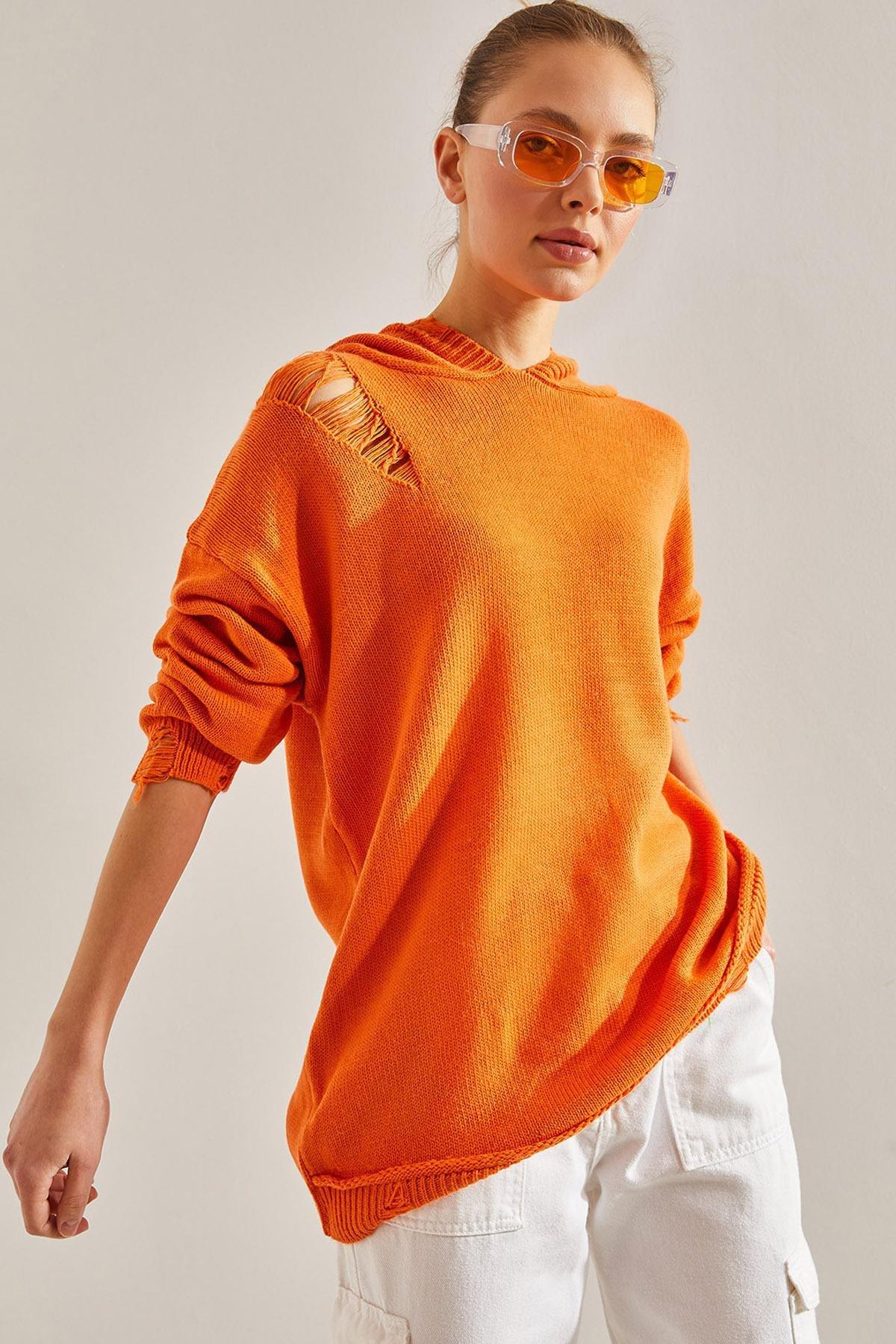 Orange Hooded Ripped Detailed Knitted Sweater, Orange, large image number 0