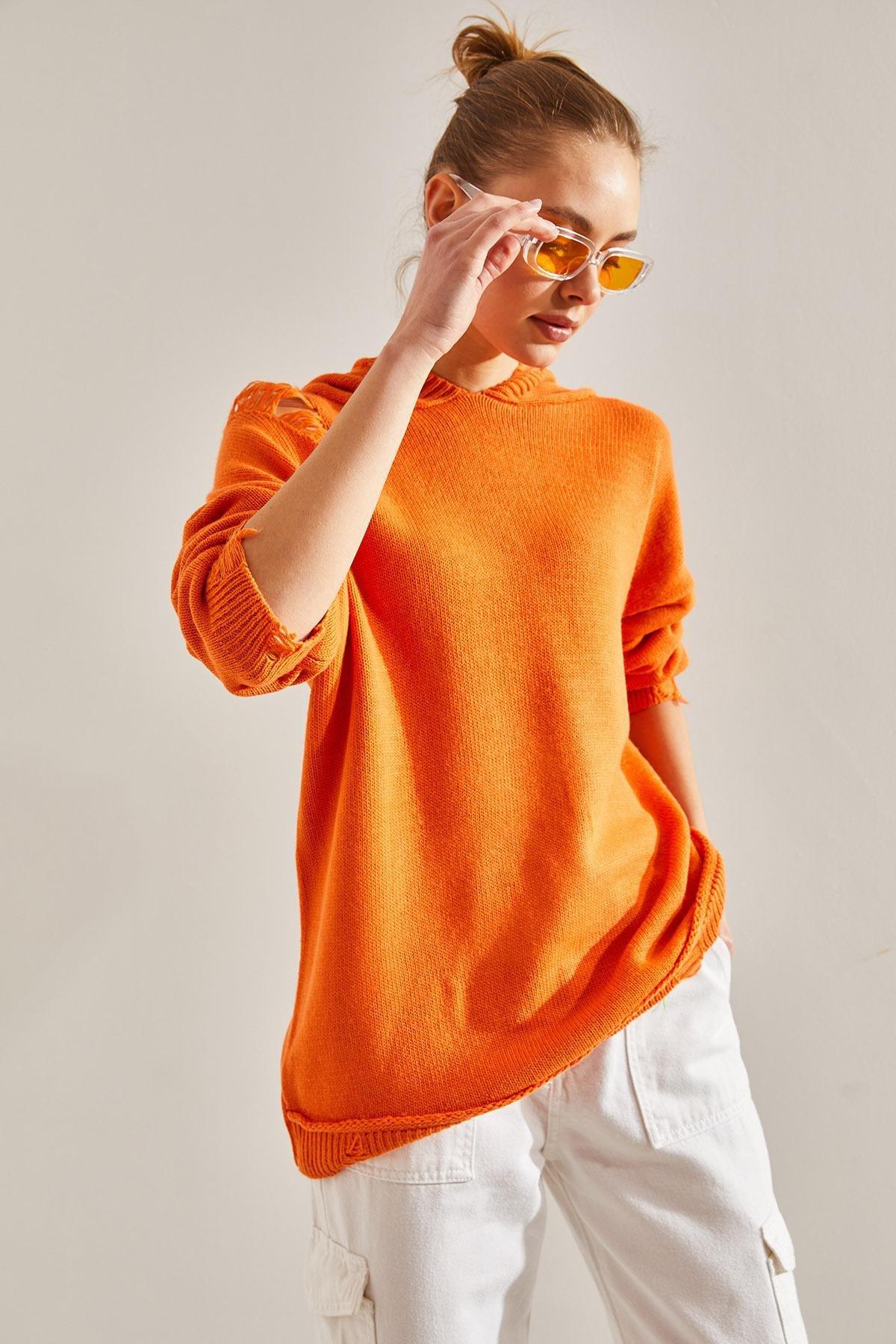 Orange Hooded Ripped Detailed Knitted Sweater, Orange, large image number 1