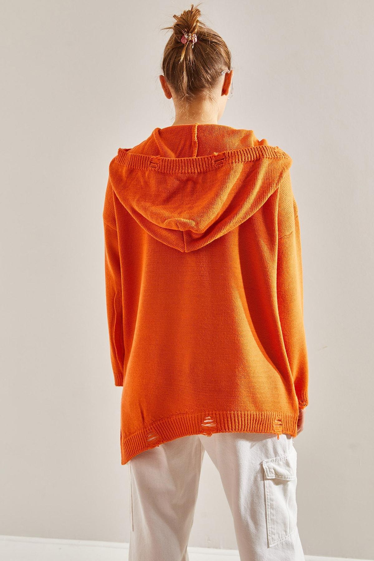 Orange Hooded Ripped Detailed Knitted Sweater, Orange, large image number 2