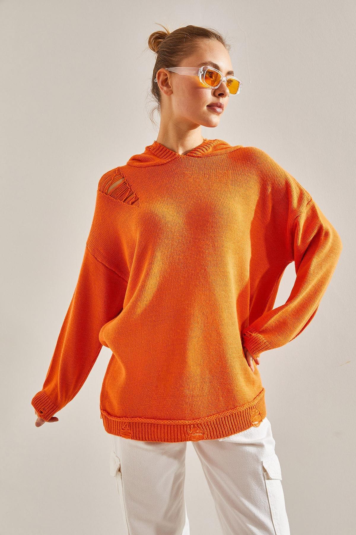 Orange Hooded Ripped Detailed Knitted Sweater, Orange, large image number 3