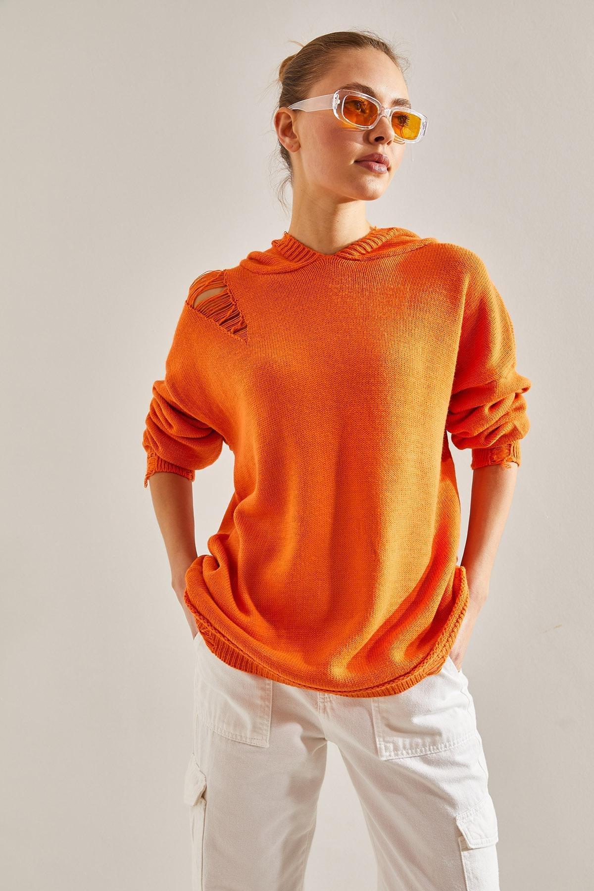Orange Hooded Ripped Detailed Knitted Sweater, Orange, large image number 4