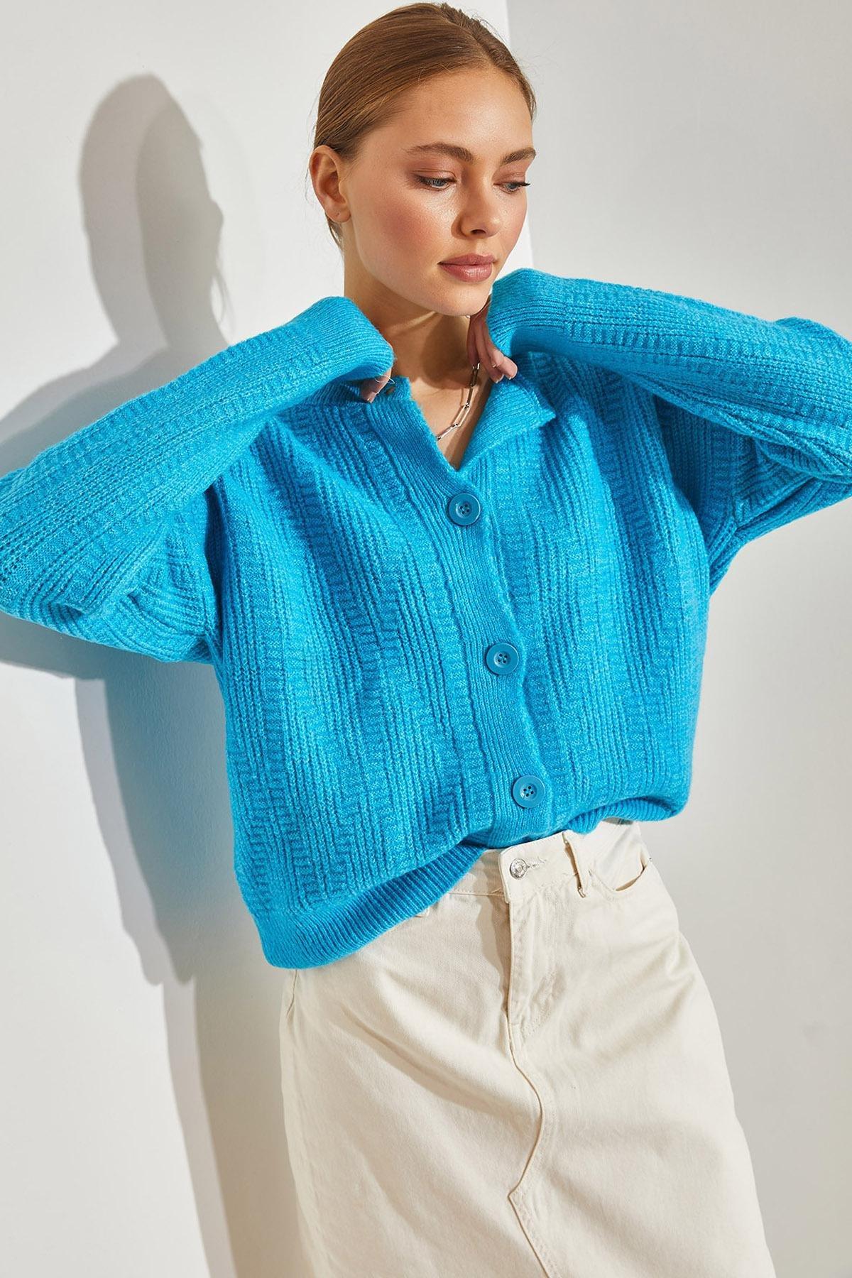 Blue Five-Button Knitted Cardigan, TURQUOISE, large image number 0