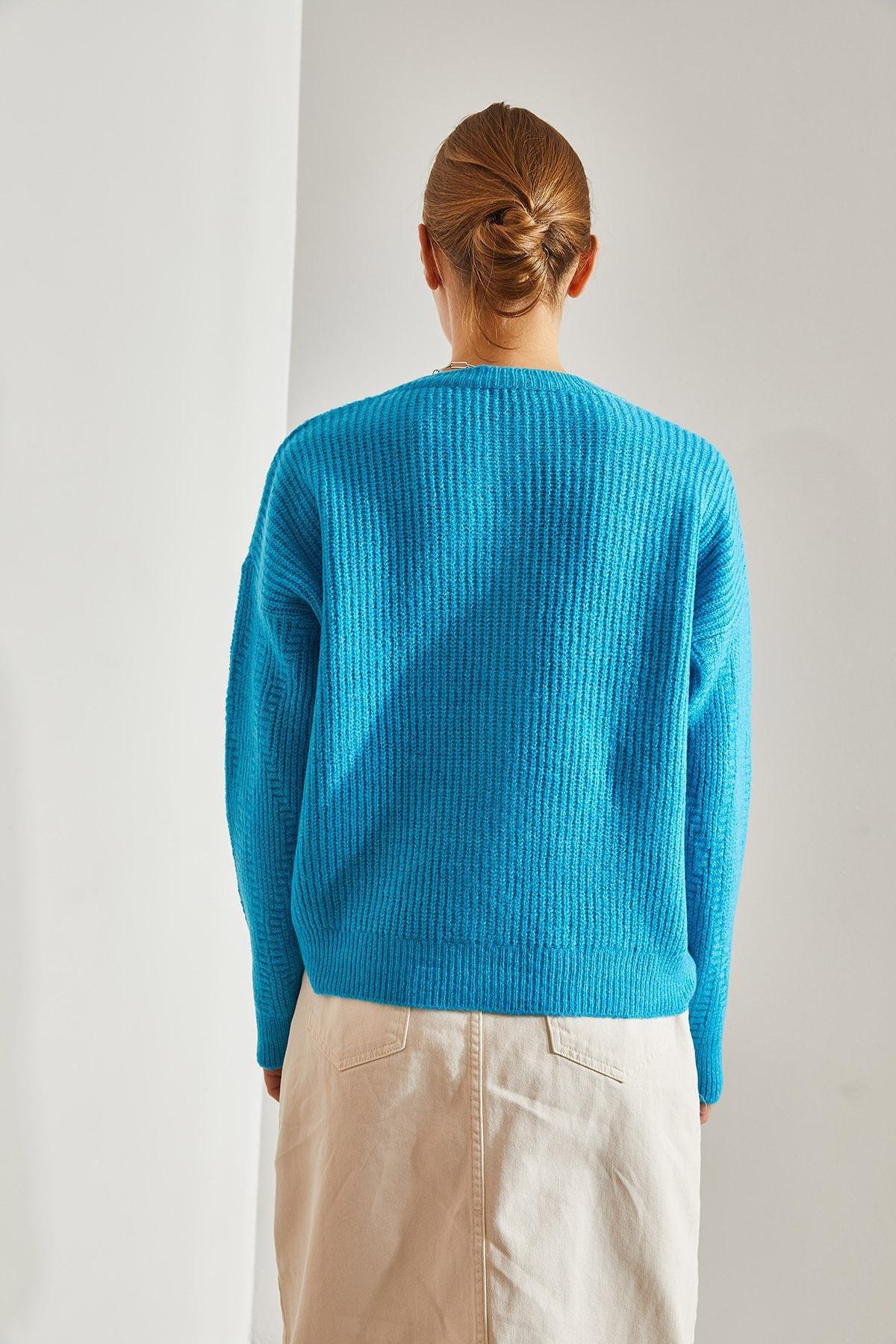 Blue Five-Button Knitted Cardigan, TURQUOISE, large image number 1