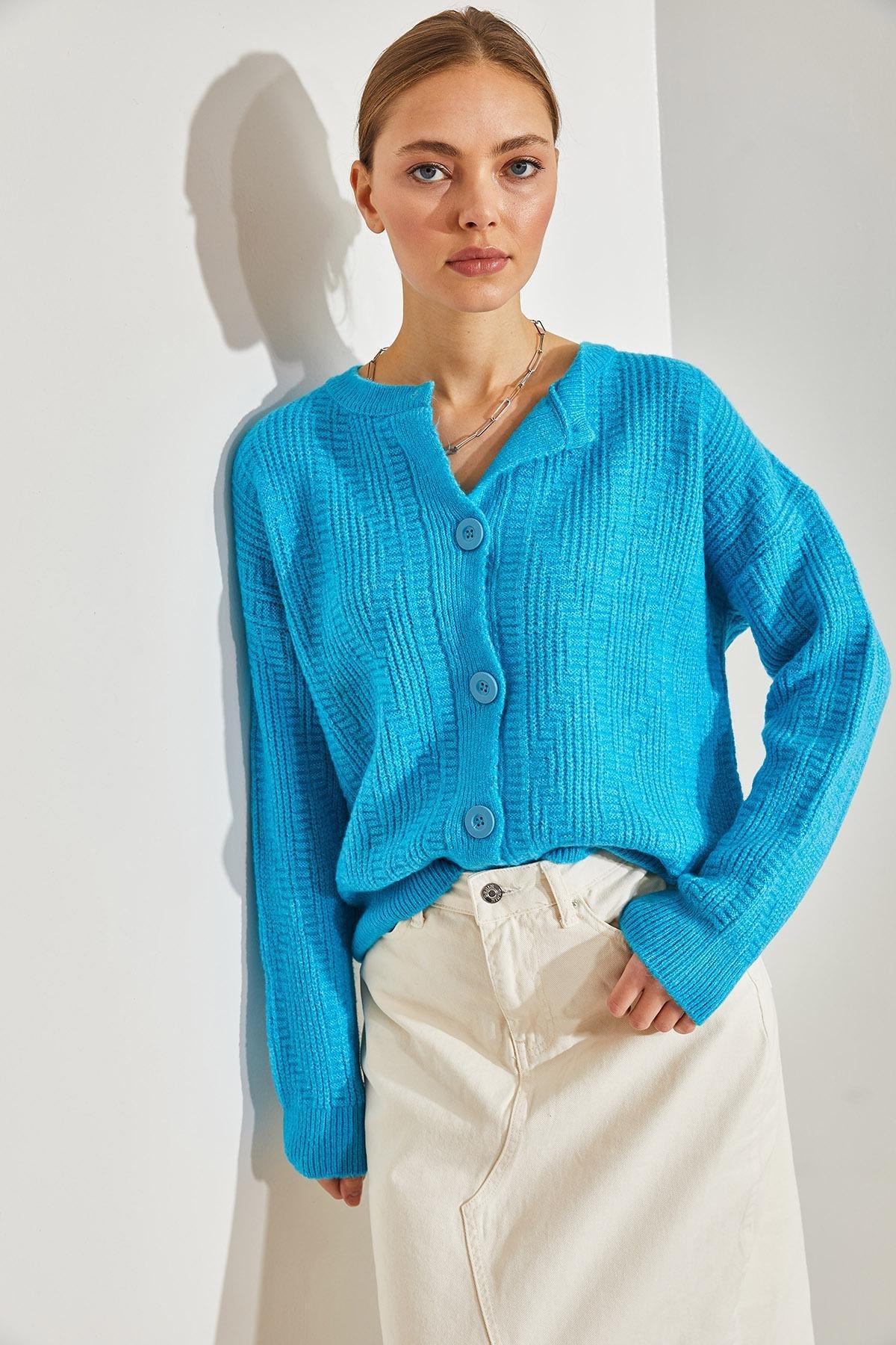 Blue Five-Button Knitted Cardigan, TURQUOISE, large image number 2