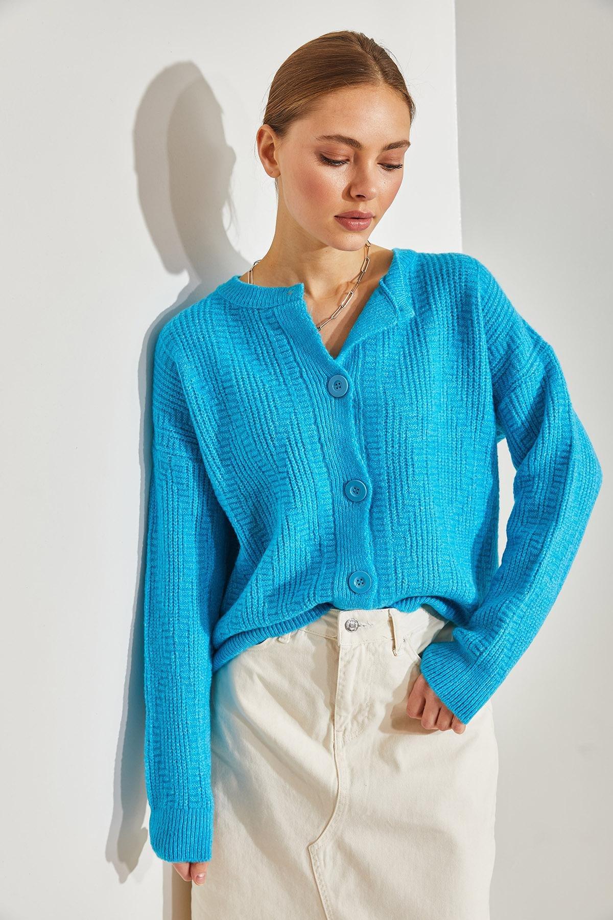 Blue Five-Button Knitted Cardigan, TURQUOISE, large image number 3