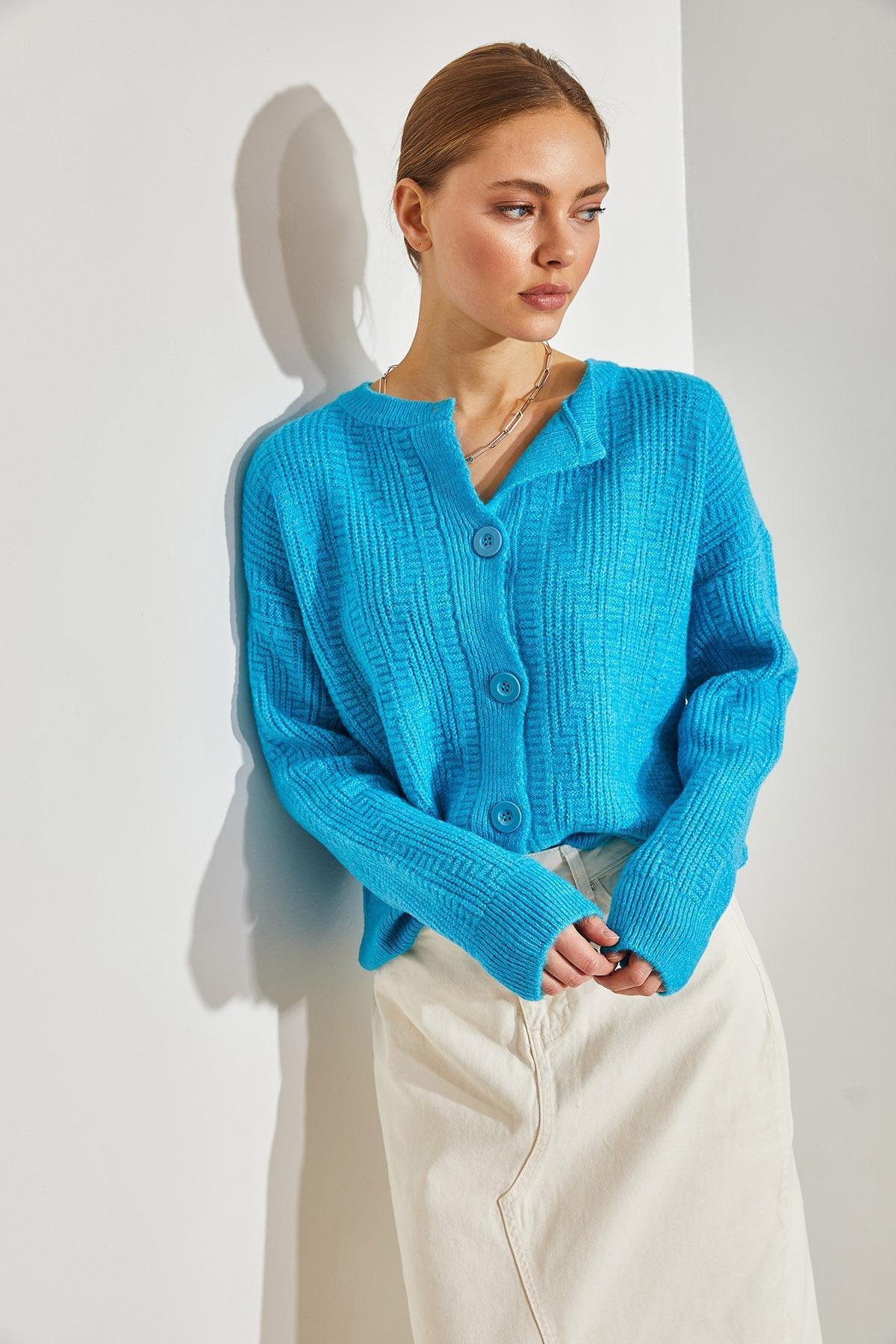 Blue Five-Button Knitted Cardigan, TURQUOISE, large image number 4
