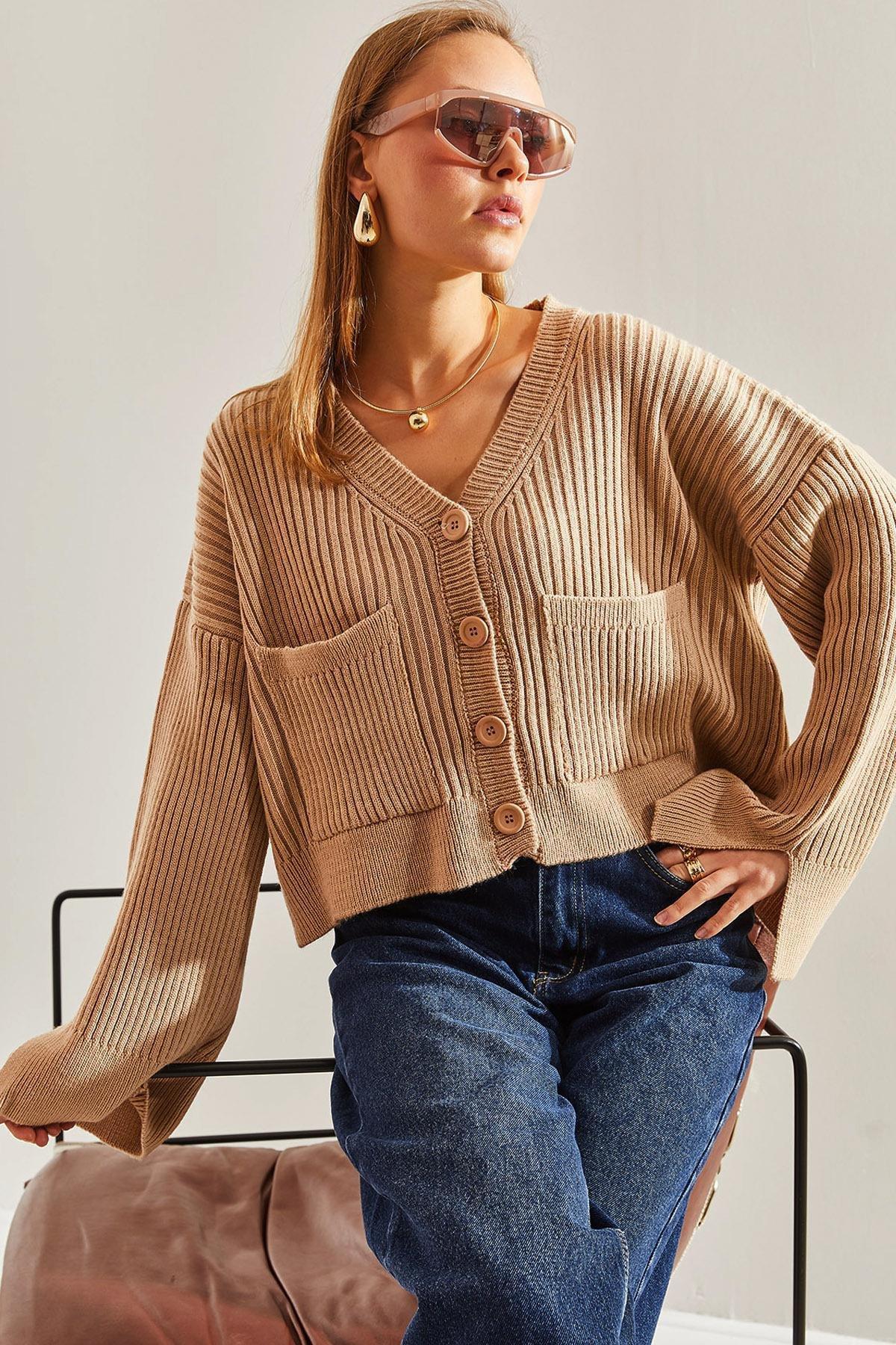 Beige Buttoned Pocket Knitted Cardigan, , large image number 0