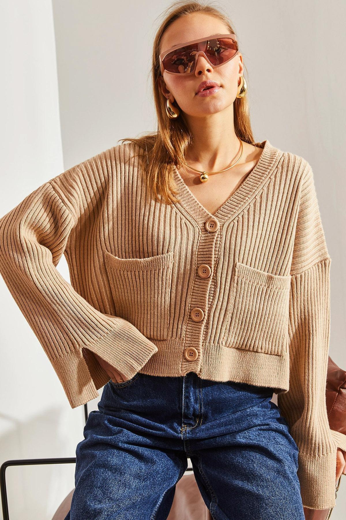 Beige Buttoned Pocket Knitted Cardigan, , large image number 2