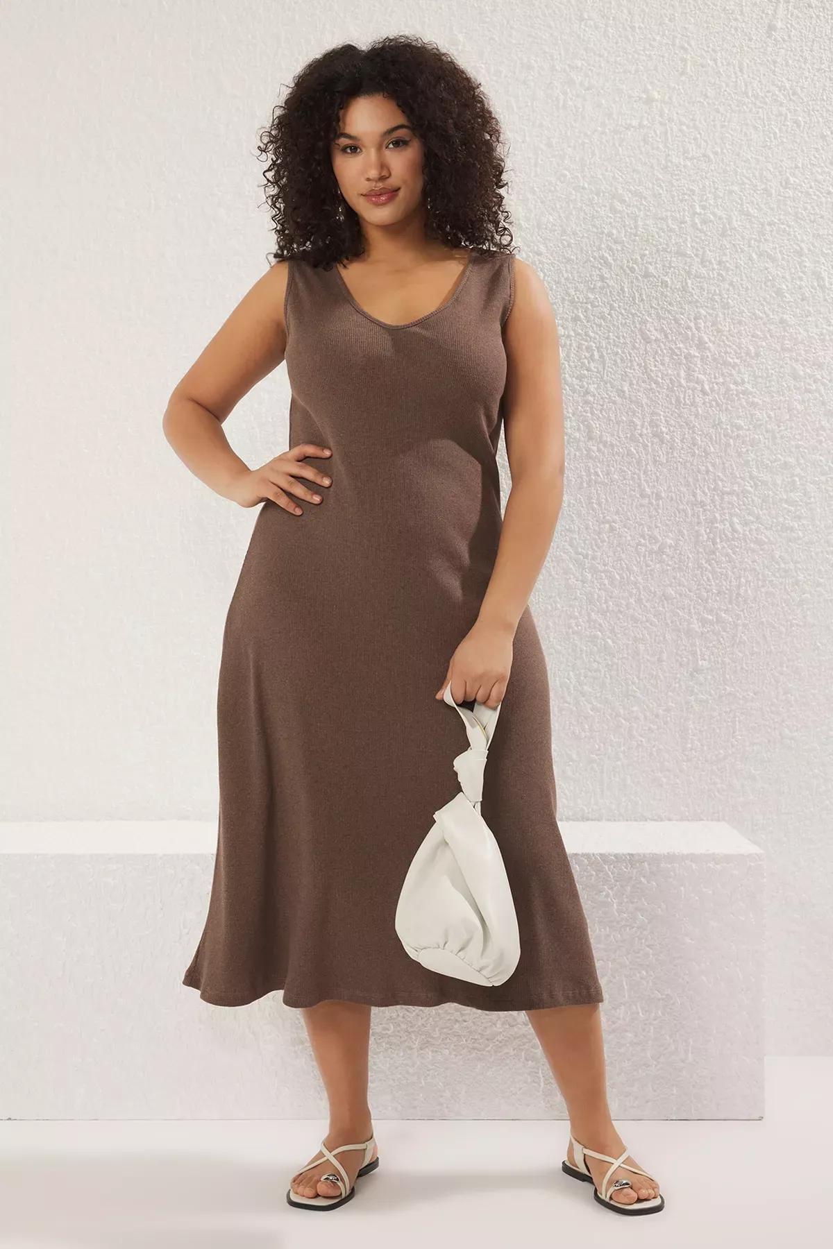 Brown Ribbed A-line Knit Dress, Brown, large image number 0