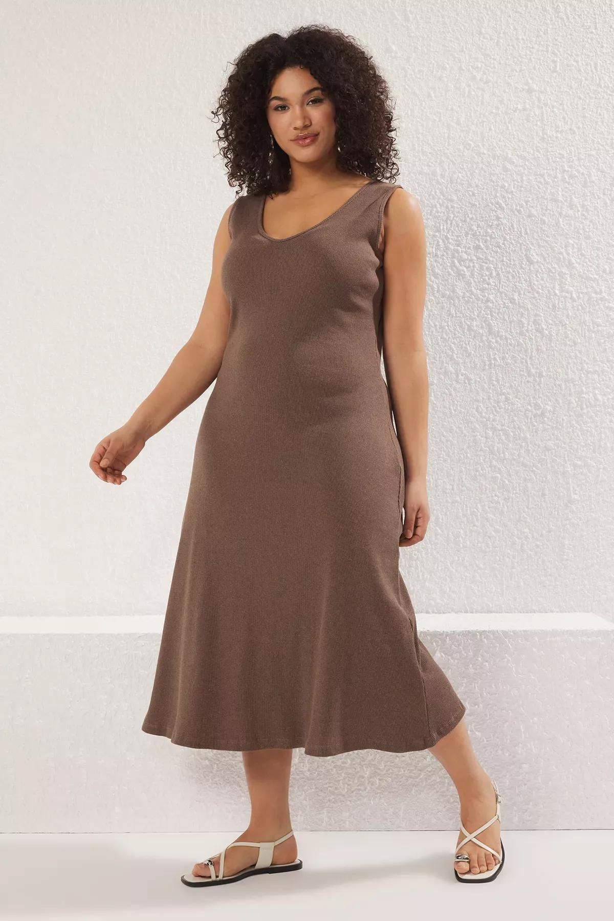 Brown Ribbed A-line Knit Dress, Brown, large image number 1