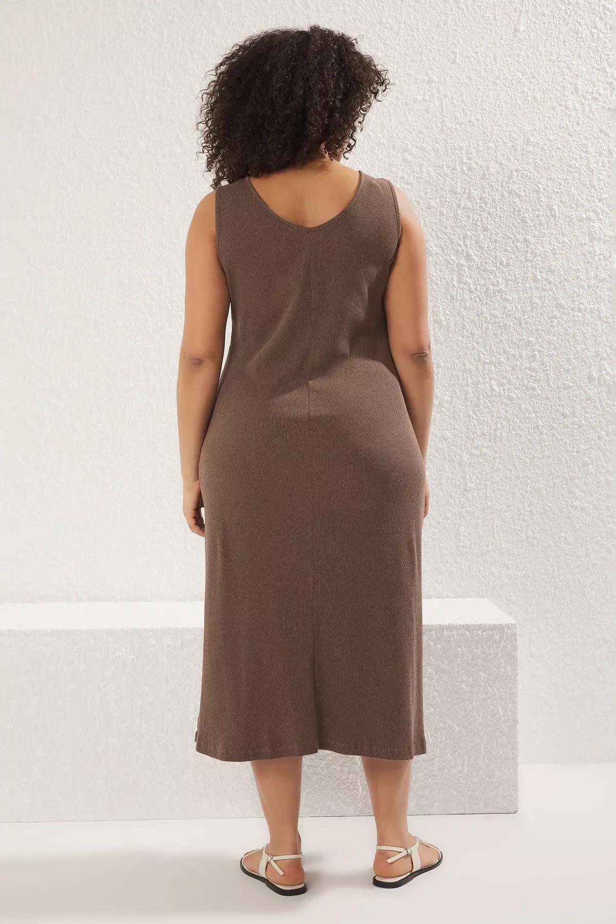 Brown Ribbed A-line Knit Dress, Brown, large image number 4