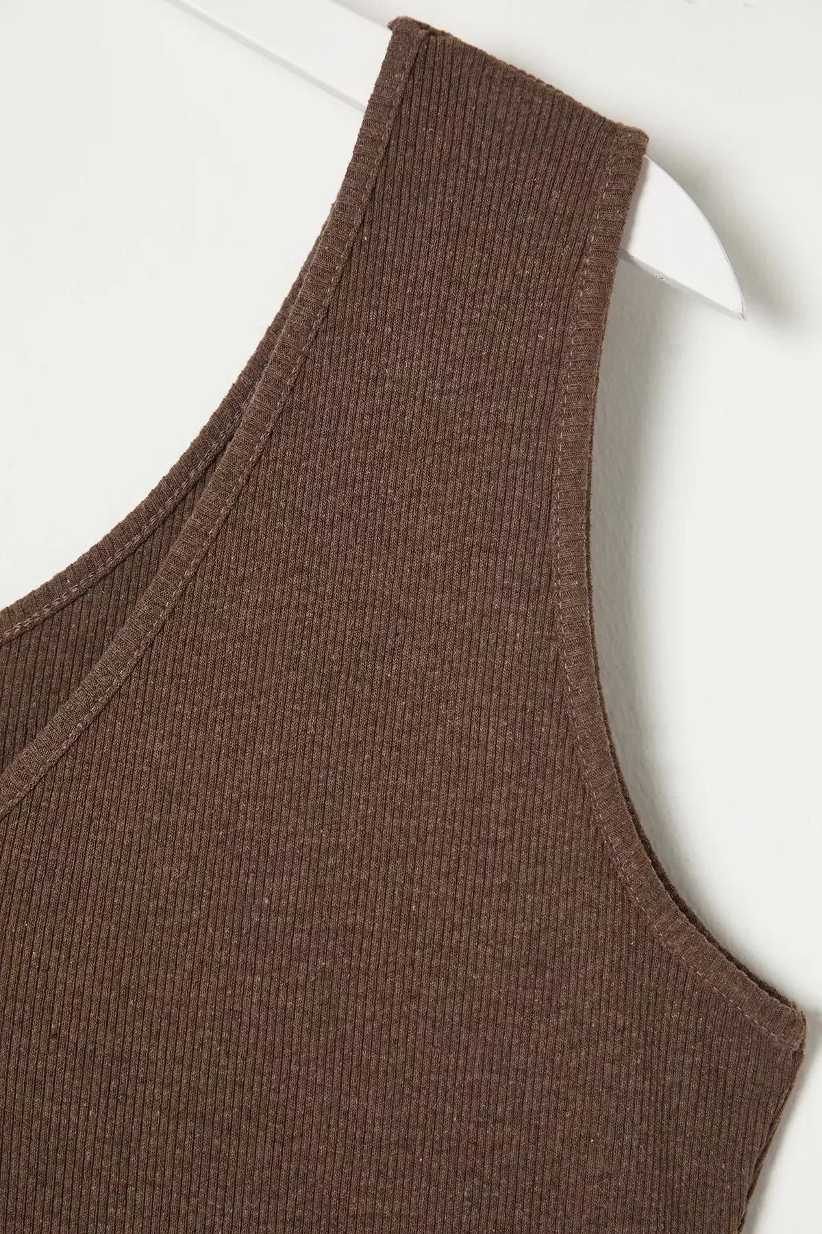 Brown Ribbed A-line Knit Dress, Brown, large image number 5