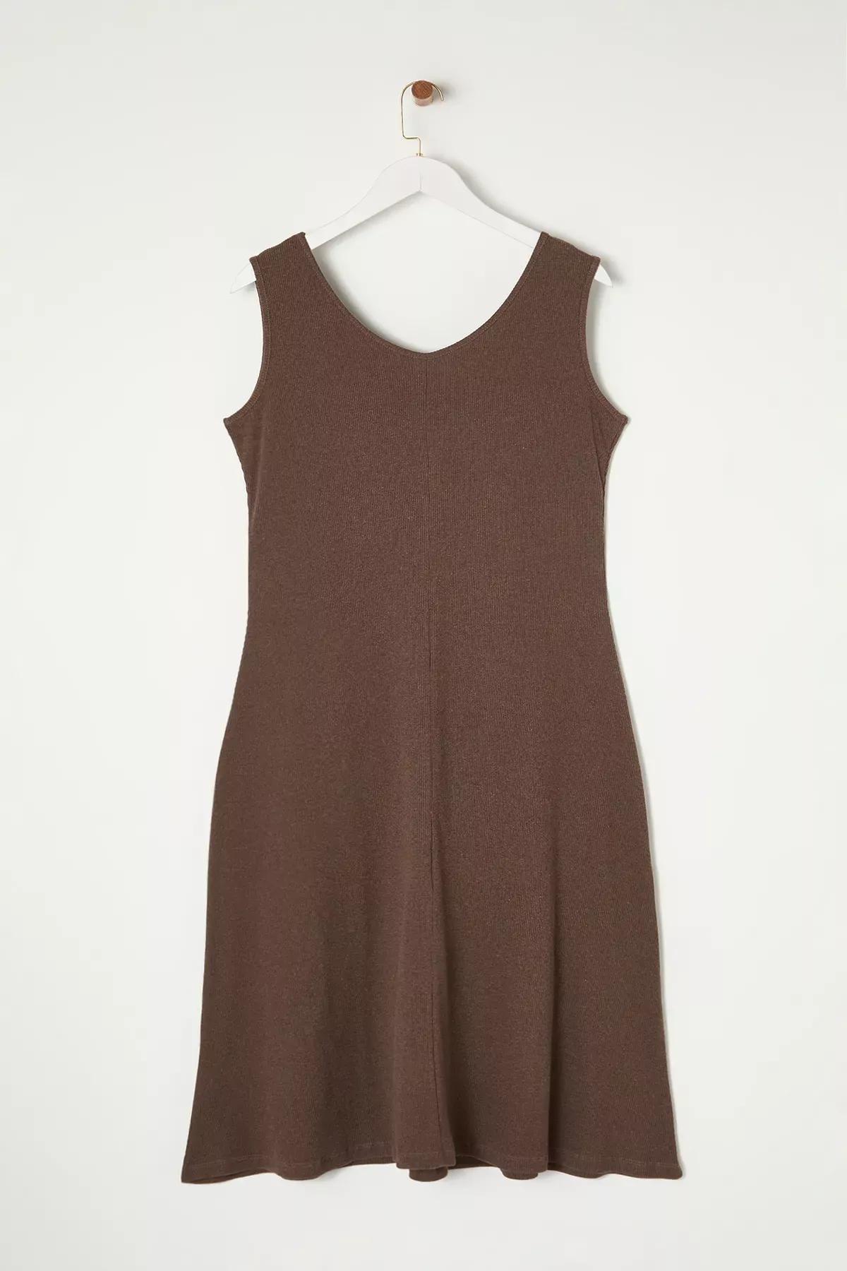 Brown Ribbed A-line Knit Dress, Brown, large image number 6
