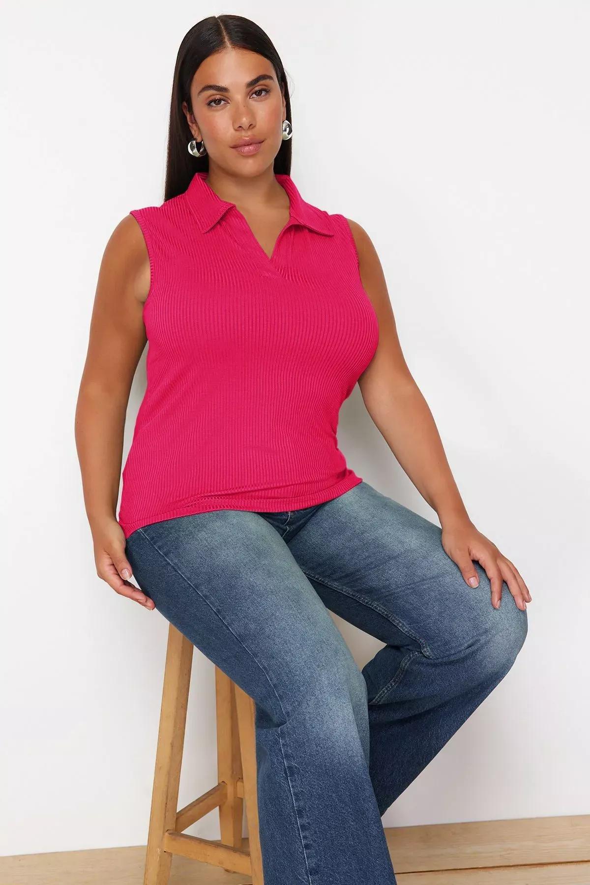 Pink Collared Knitted Plus-Size Blouse, C101_7329, large image number 0