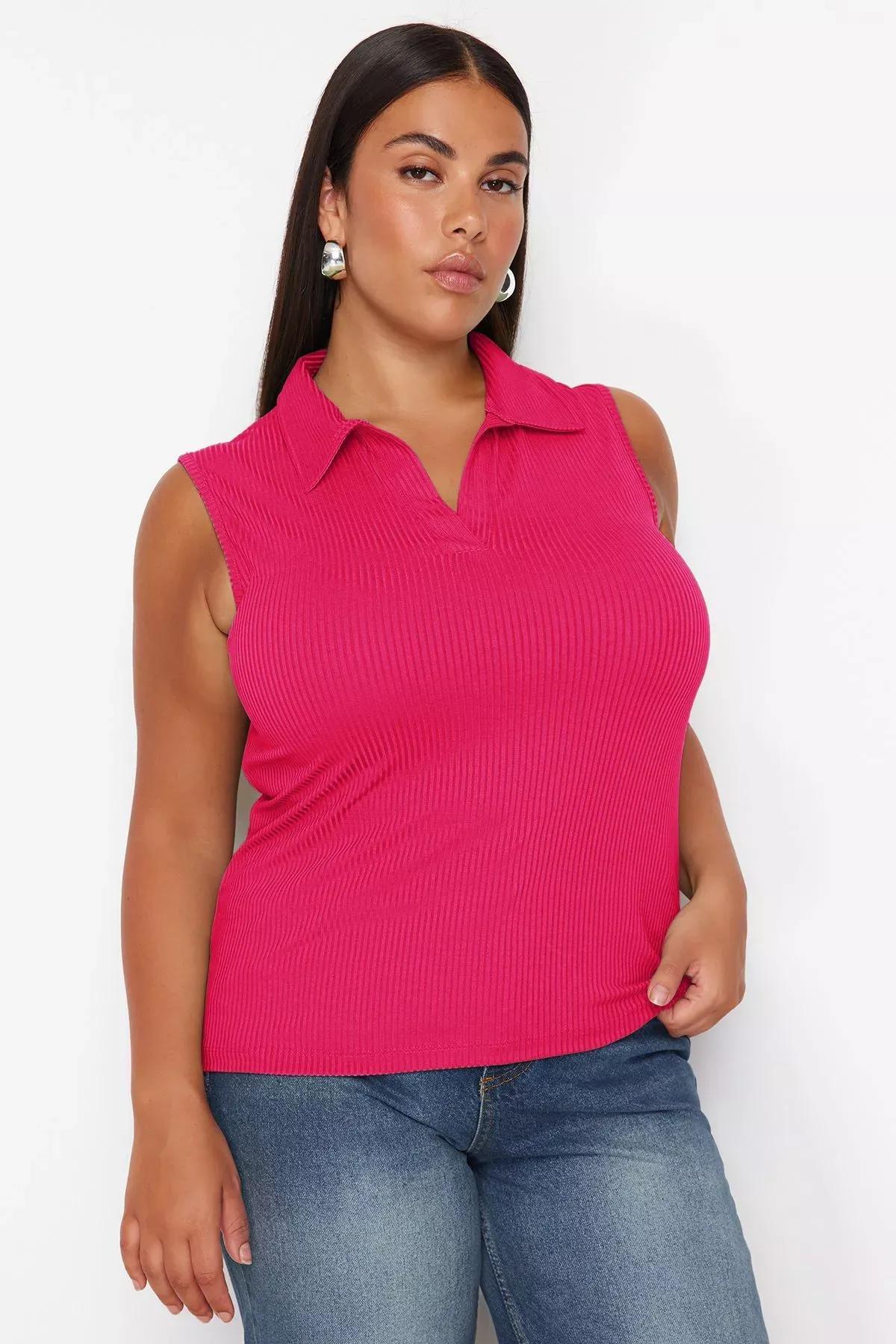 Pink Collared Knitted Plus-Size Blouse, C101_7329, large image number 1