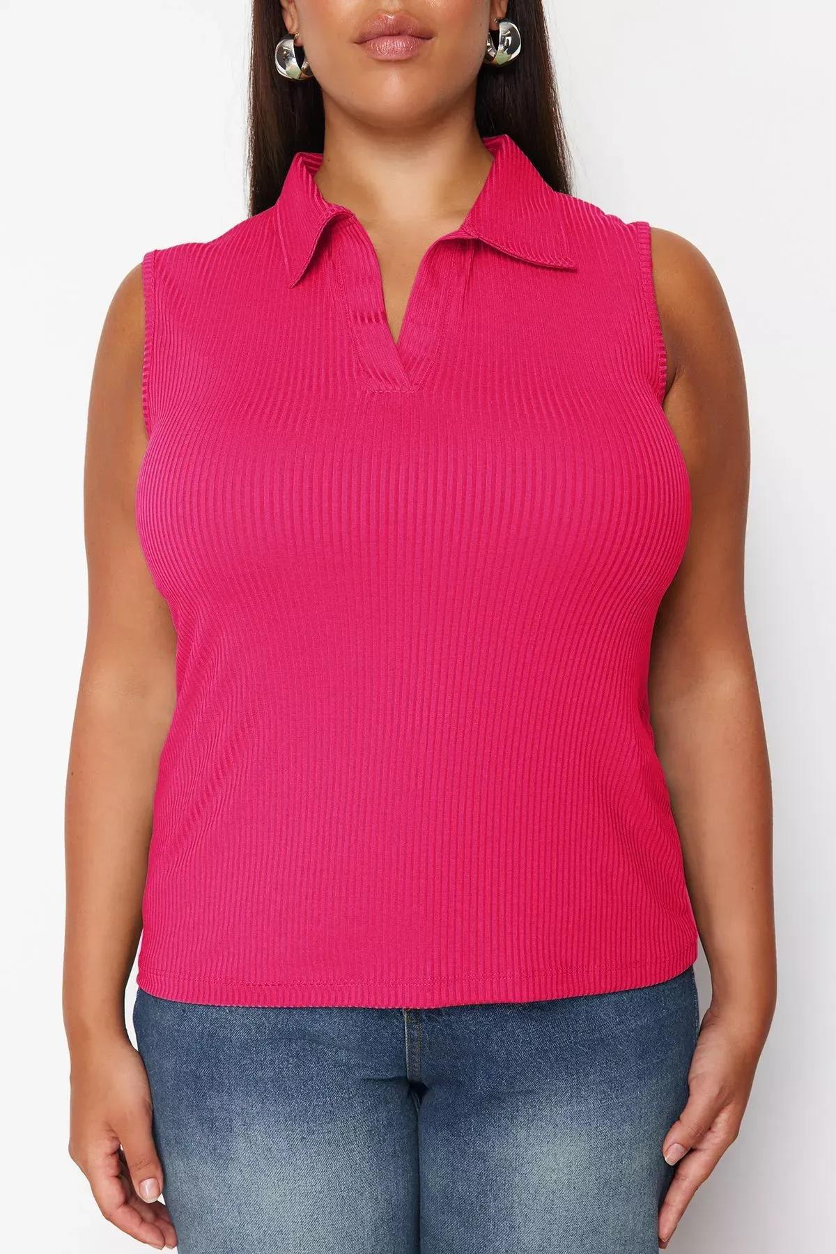 Pink Collared Knitted Plus-Size Blouse, C101_7329, large image number 3