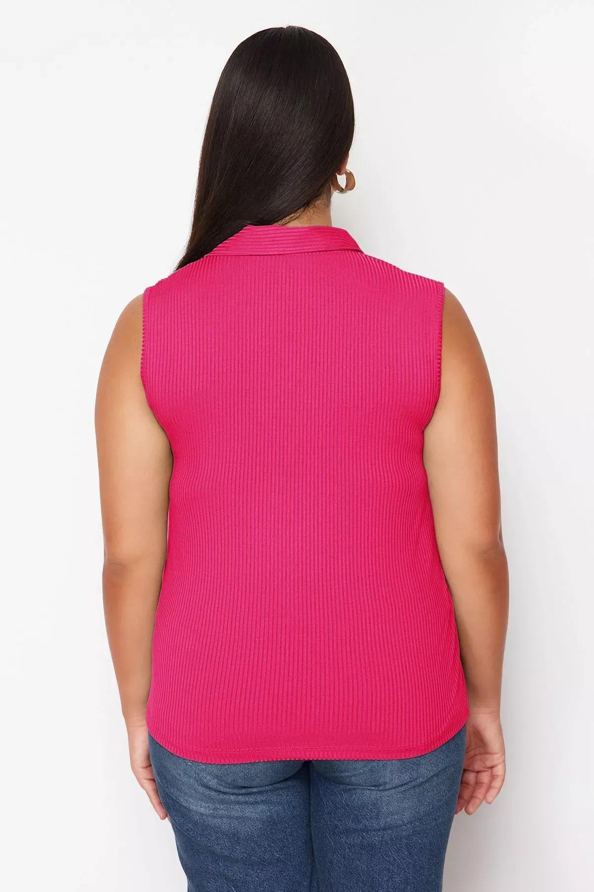 Pink Collared Knitted Plus-Size Blouse, C101_7329, large image number 4