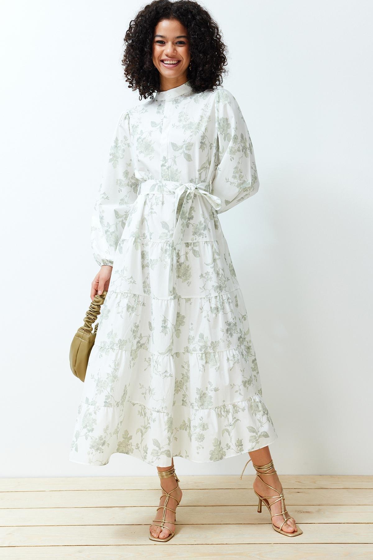 Ecru High Neck Floral Belted Dress, , large image number 1
