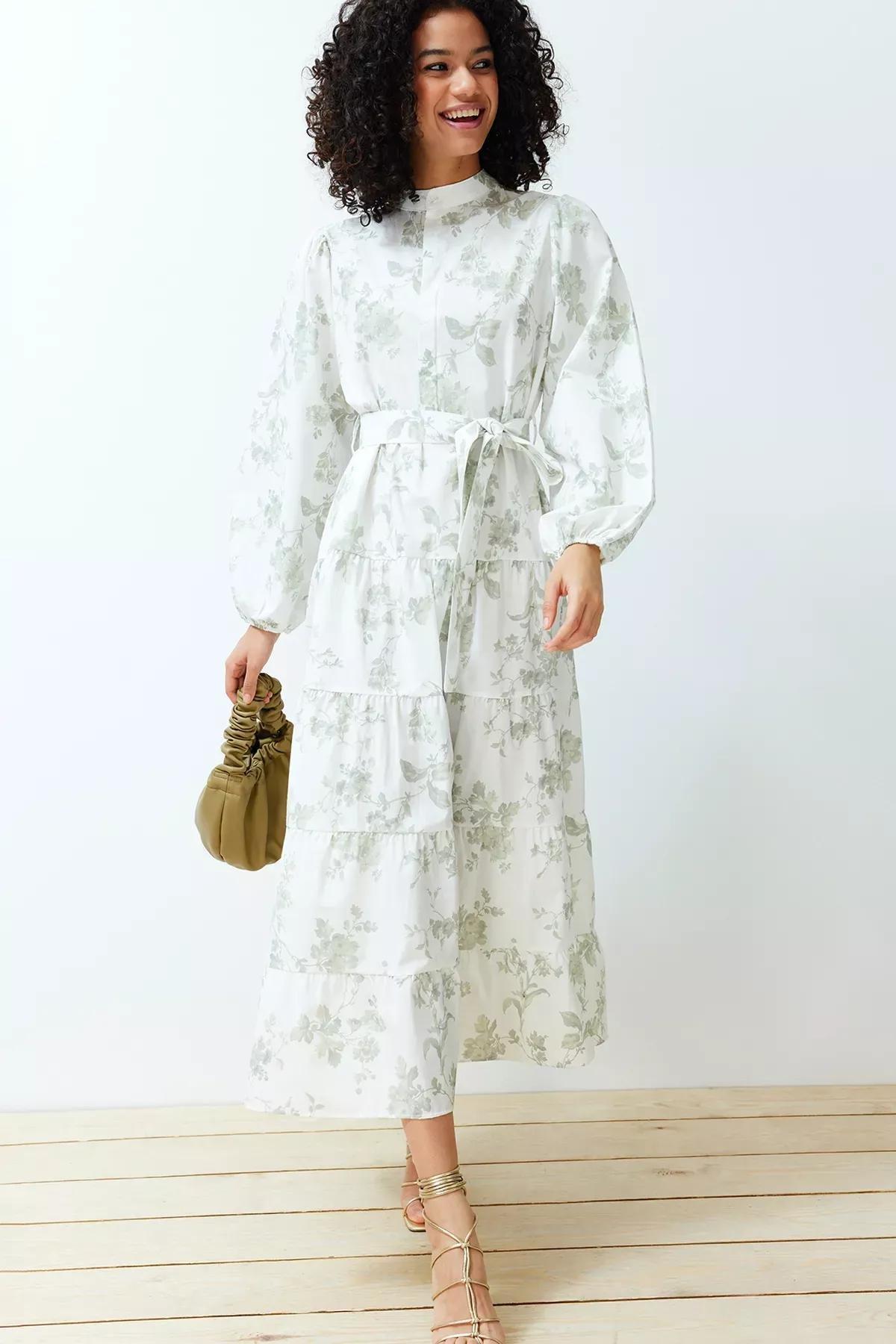 Beige Floral Belted Dress, Ecru, medium