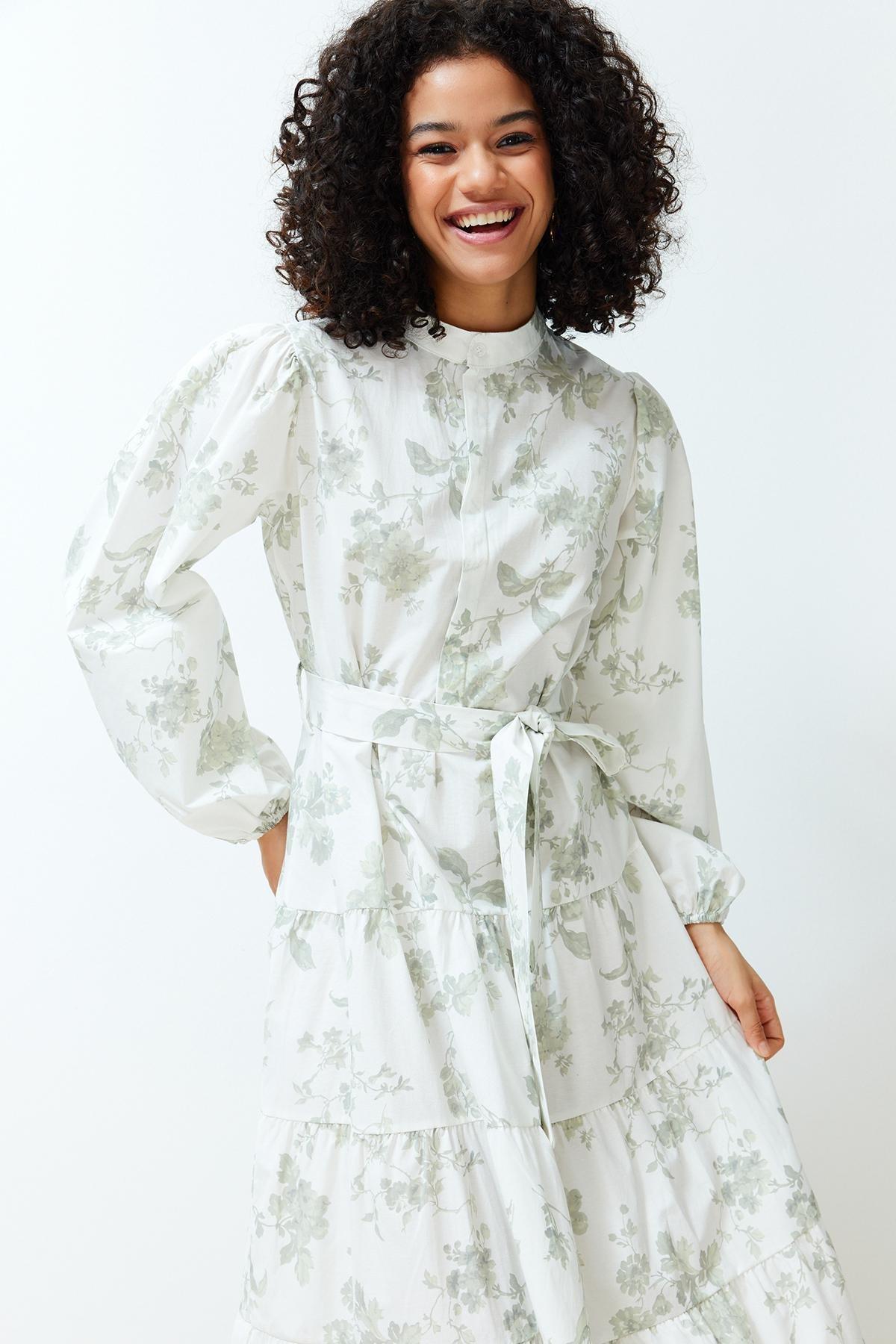 Ecru High Neck Floral Belted Dress, , large image number 2