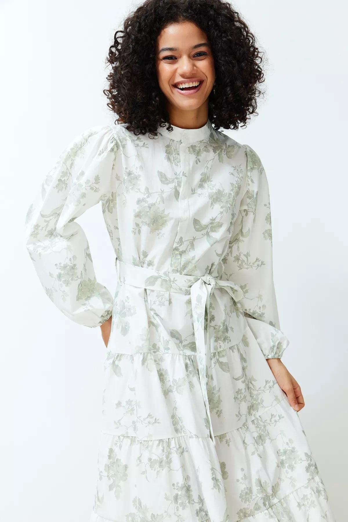 Beige Floral Belted Dress, Ecru, medium