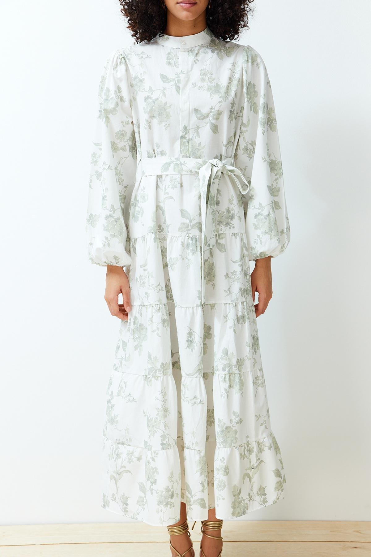 Ecru High Neck Floral Belted Dress, , large image number 3