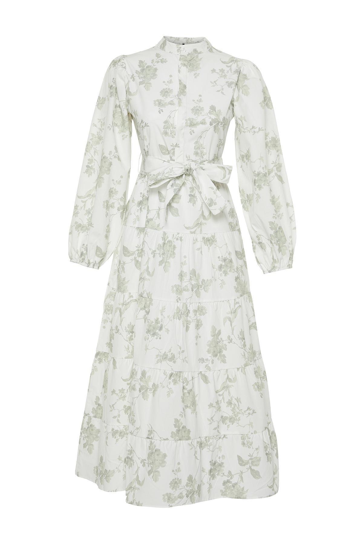 Ecru High Neck Floral Belted Dress, , large image number 7