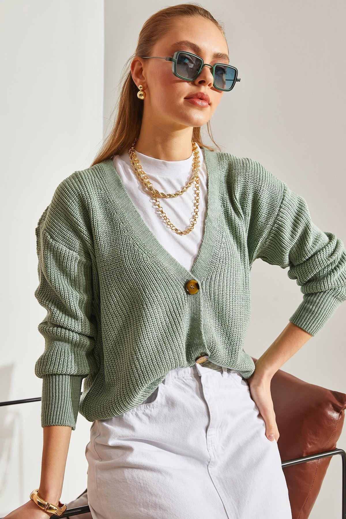 Green Buttoned Knitted Cardigan, , large image number 0