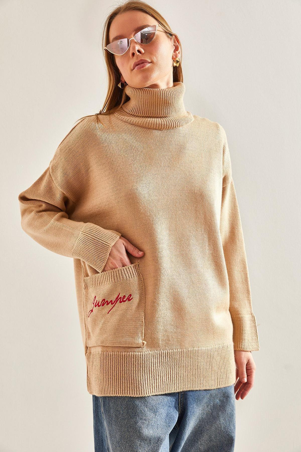 Brown Turtleneck Pocket Embroidery Embroidered Knitted Sweater, CAMEL, large image number 0
