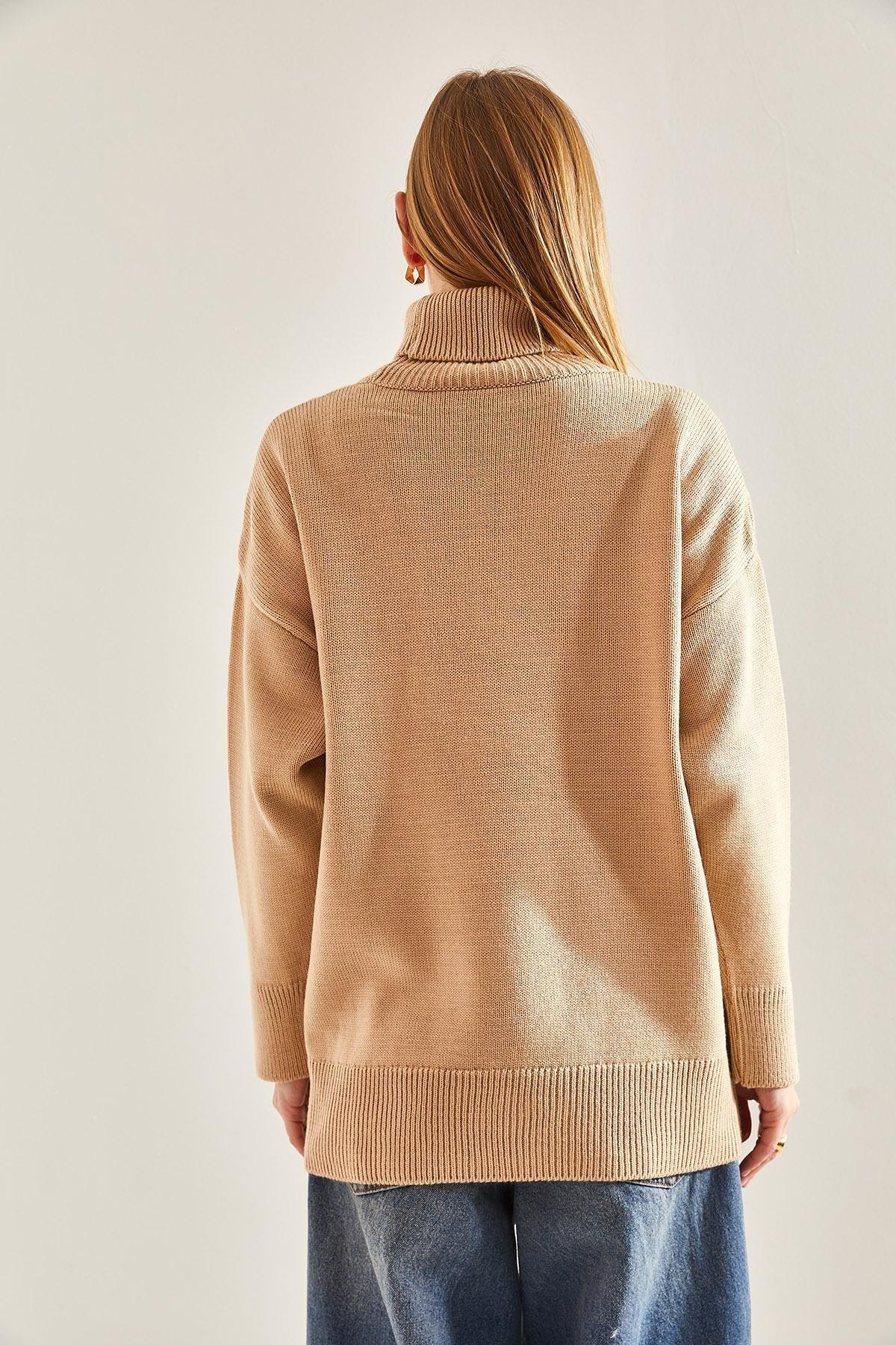 Brown Turtleneck Pocket Embroidery Embroidered Knitted Sweater, CAMEL, large image number 1