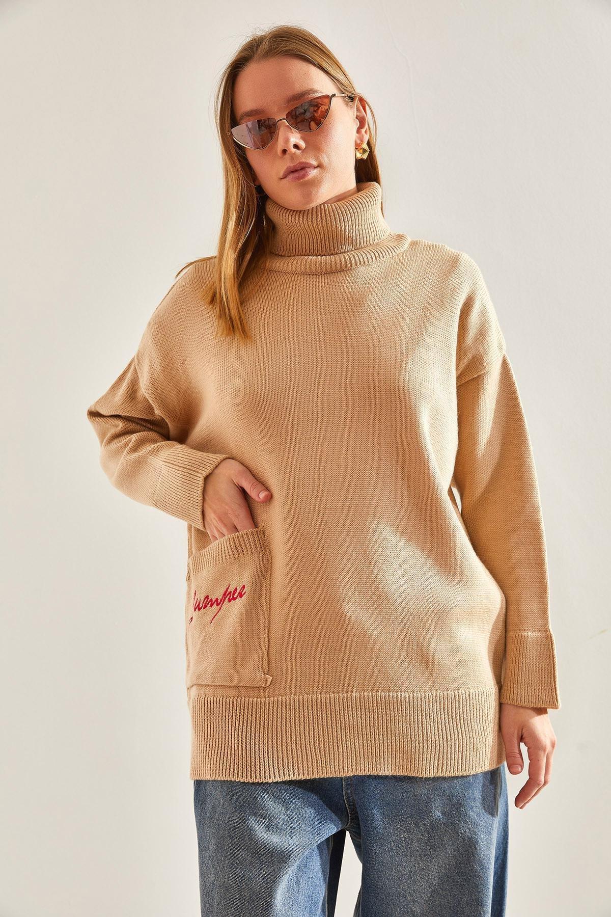 Brown Turtleneck Pocket Embroidery Embroidered Knitted Sweater, CAMEL, large image number 4