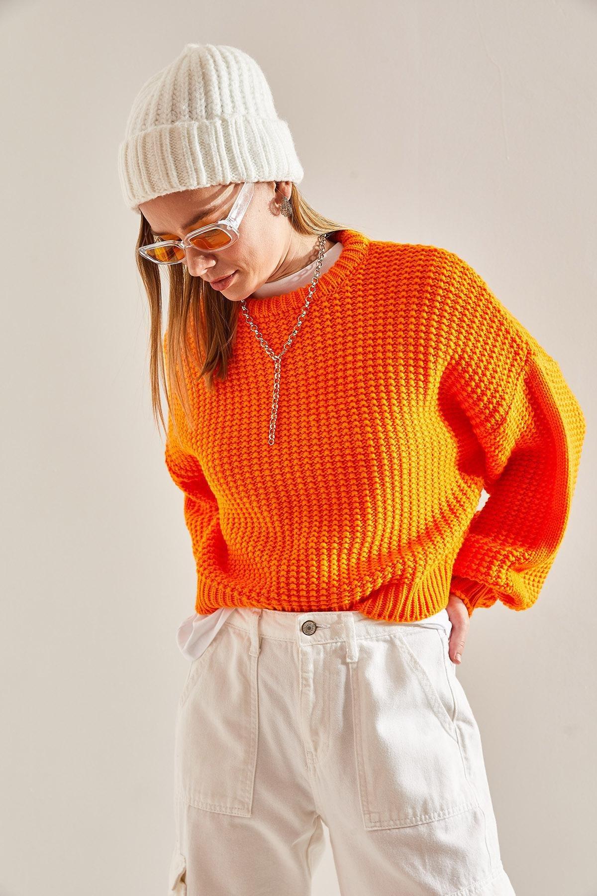 Orange Braided Knitted Sweater, Orange, large image number 1