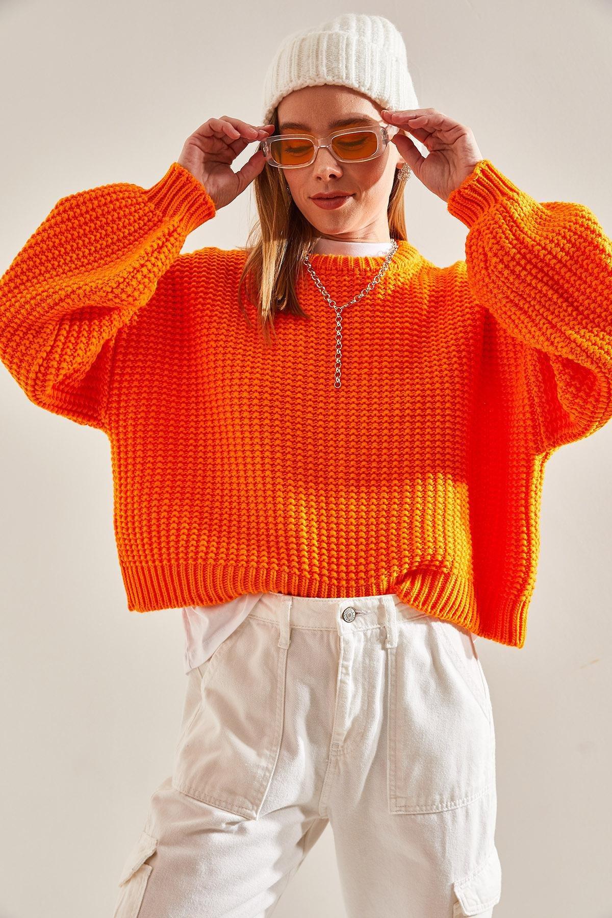 Orange Braided Knitted Sweater, Orange, large image number 4