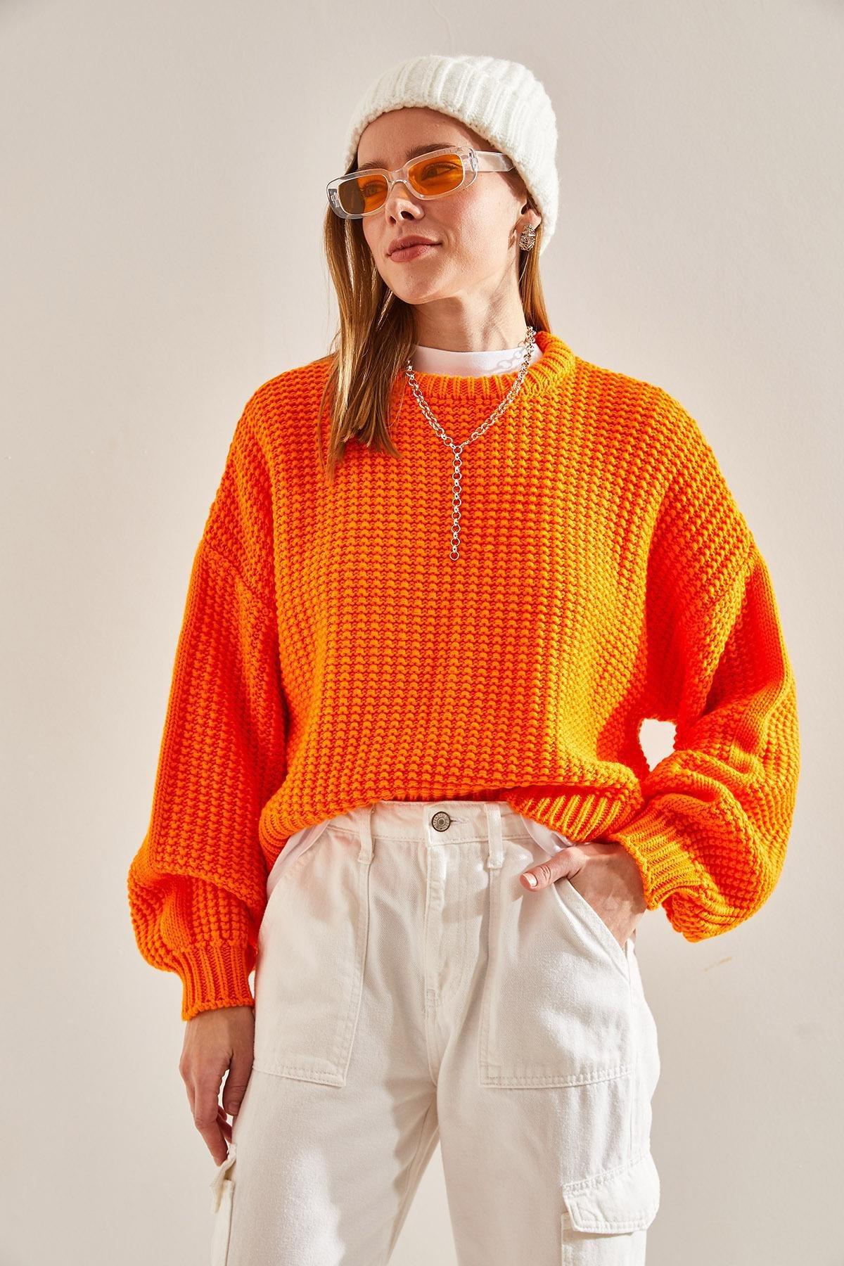 Orange Braided Knitted Sweater, Orange, large image number 5